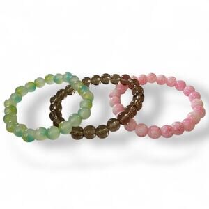 Green Pink Gray Bohemian Handmade Set Of 3 Stretch Bracelets